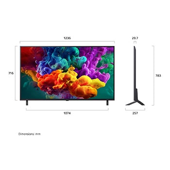 Een LG QNED evo AI QNED85 Mini LED, weergegeven van de voorkant en van de zijkant, heeft een 55 inch scherm dat 1236 mm breed is, 716 mm hoog, 783 mm hoog met standaard, een profieldiepte van 29,7 mm en een afmeting van de voet van de standaard van 1074 bij 257 mm.
